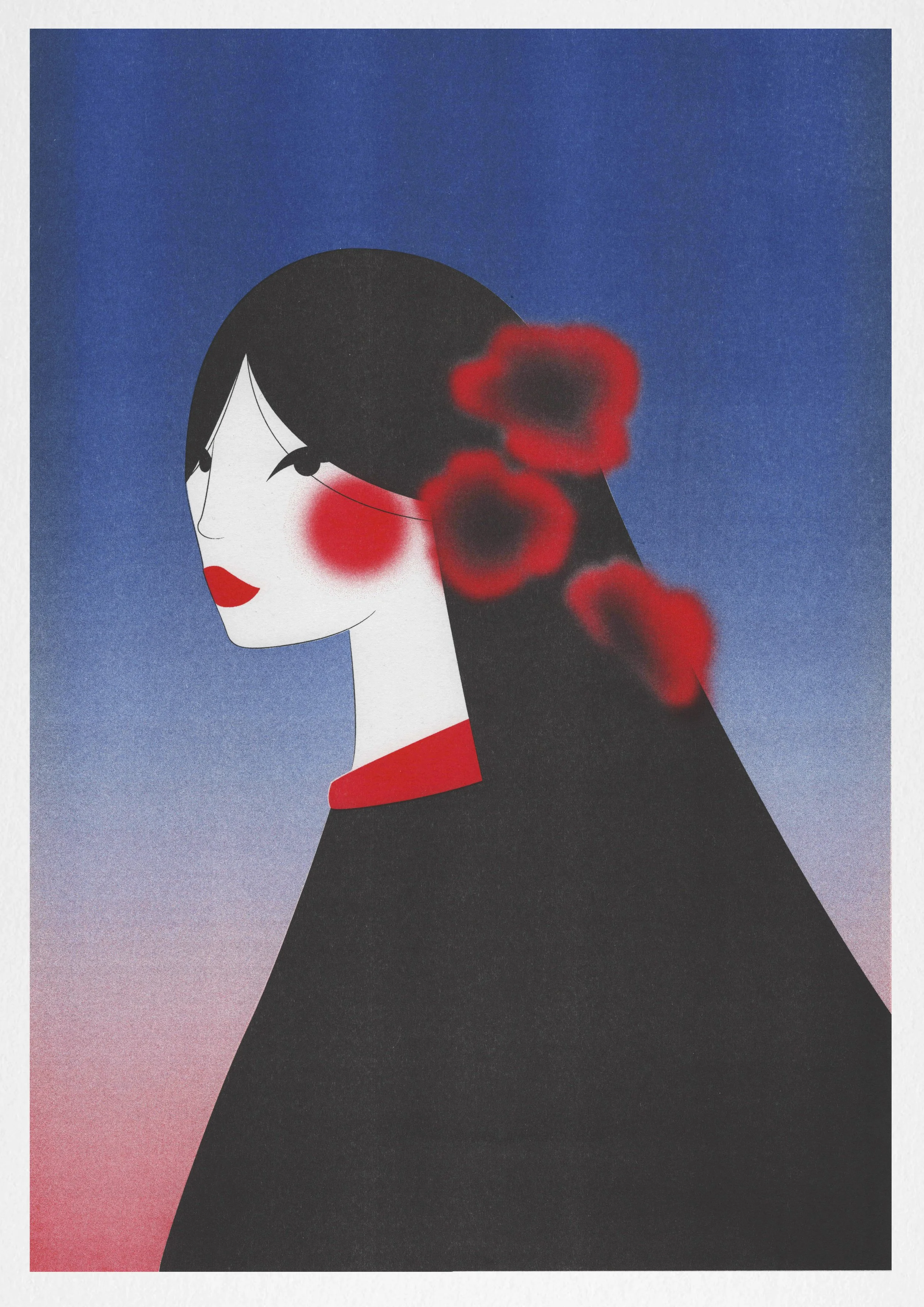 Une illustration stylisée d'une femme avec cheveux noirs, lèvres rouges, et maquillage rouge autour de l'œil, portant un haut noir avec un col rouge, sur un fond dégradé de bleu à rose.