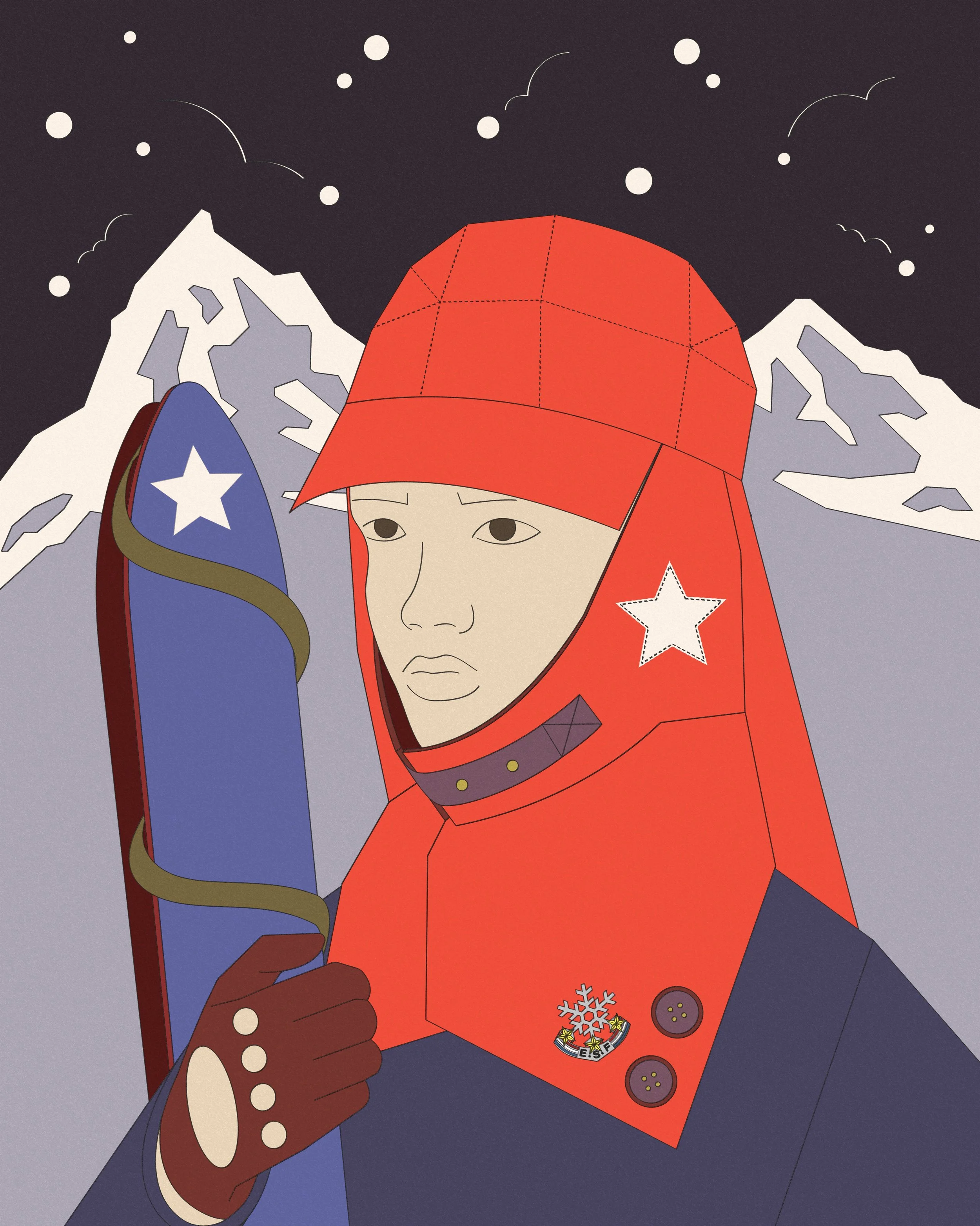 Une illustration d'une personne en tenue d'alpinisme rouge avec des étoiles, portant un casque rouge, avec un fond de montagnes enneigées et un ciel nocturne étoilé.