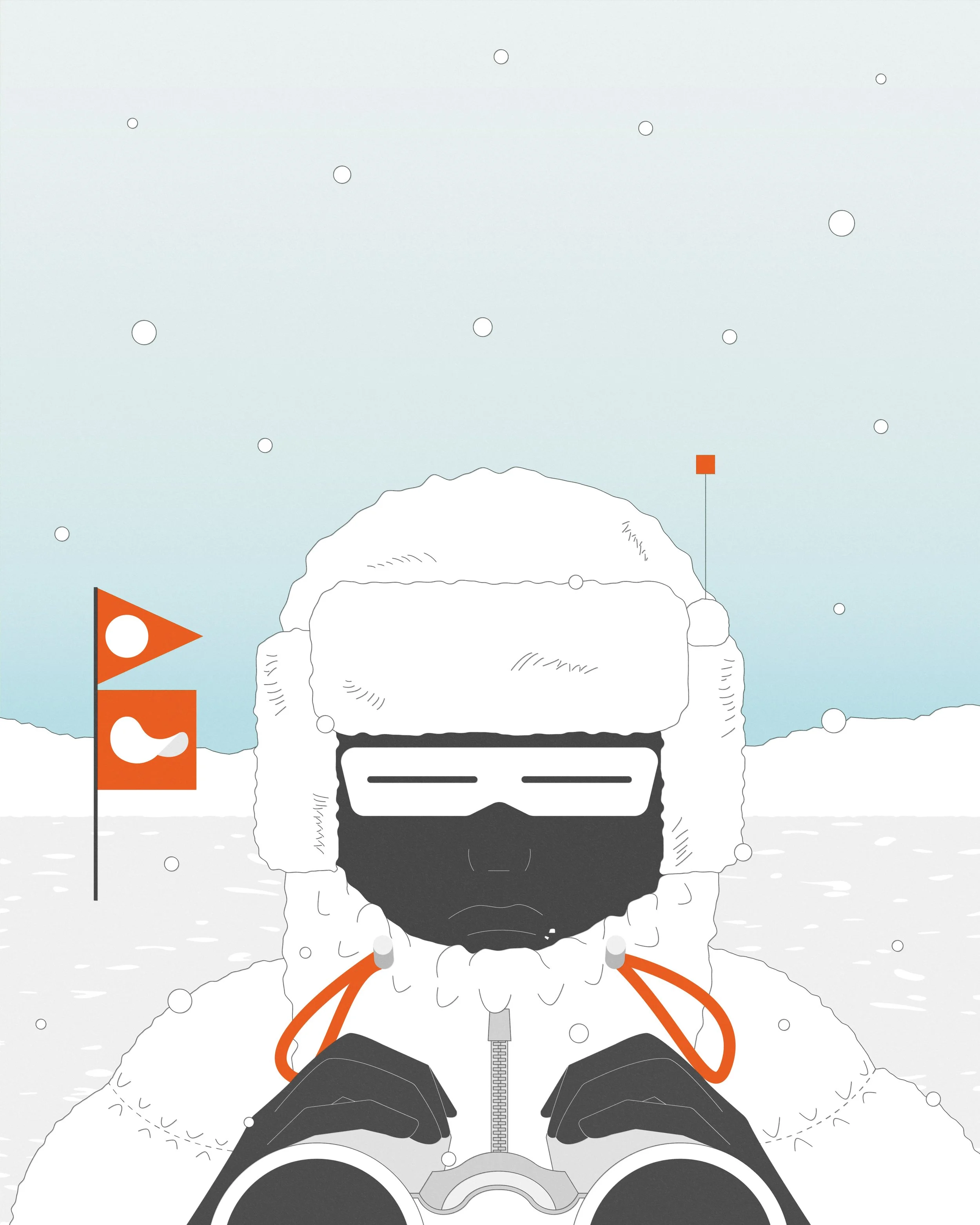 Personne en tenue d'hiver avec casque, lunettes de ski, dans un paysage enneigé, avec drapeaux directionnels orange.