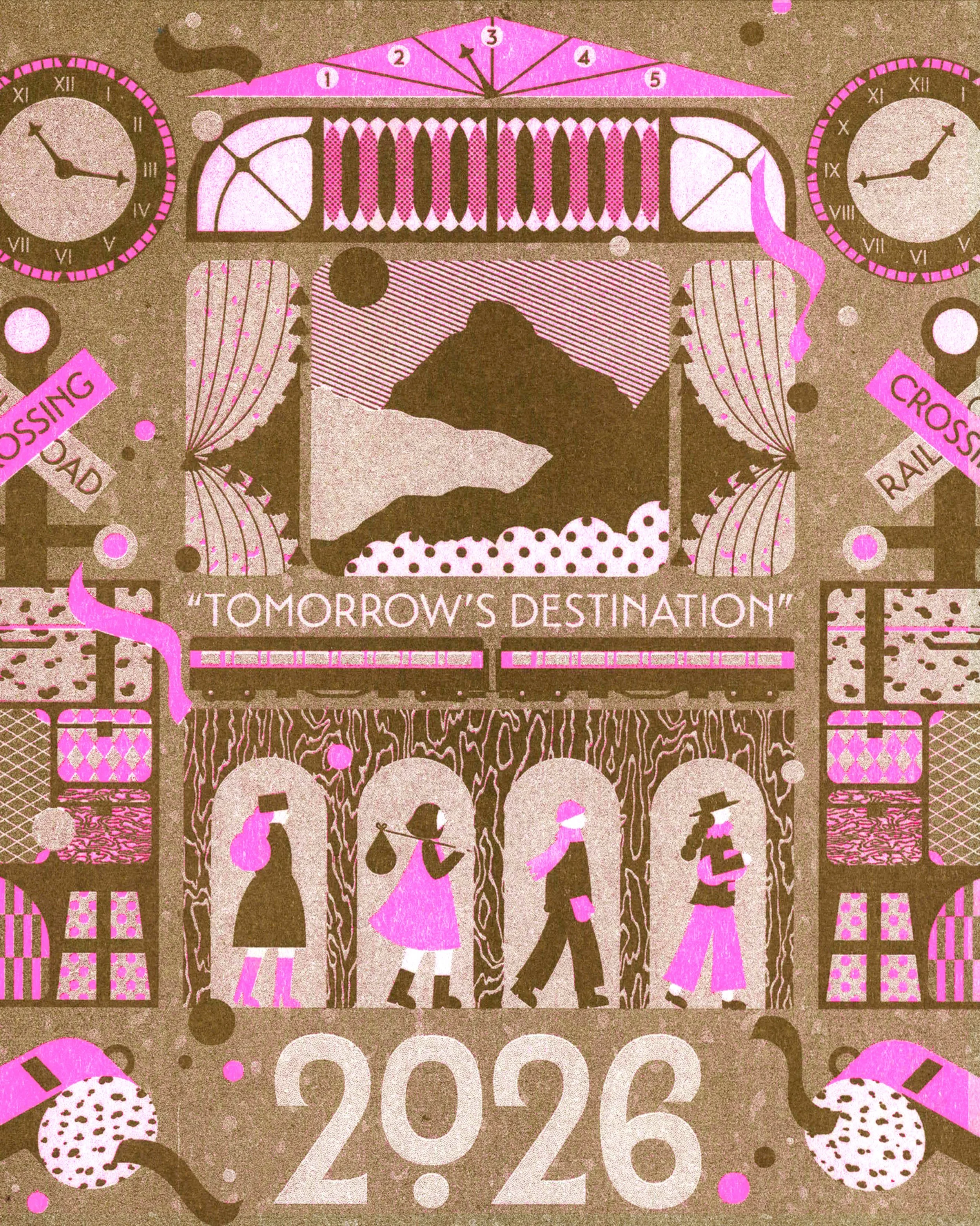 Illustration représentant une scène futuriste avec des montgolfières, une affiche de voyage, une montagne en arrière-plan, des horloges, des trains, des personnages portant des sacs à main ou des valises, et un message indiquant 'Demain's Destination