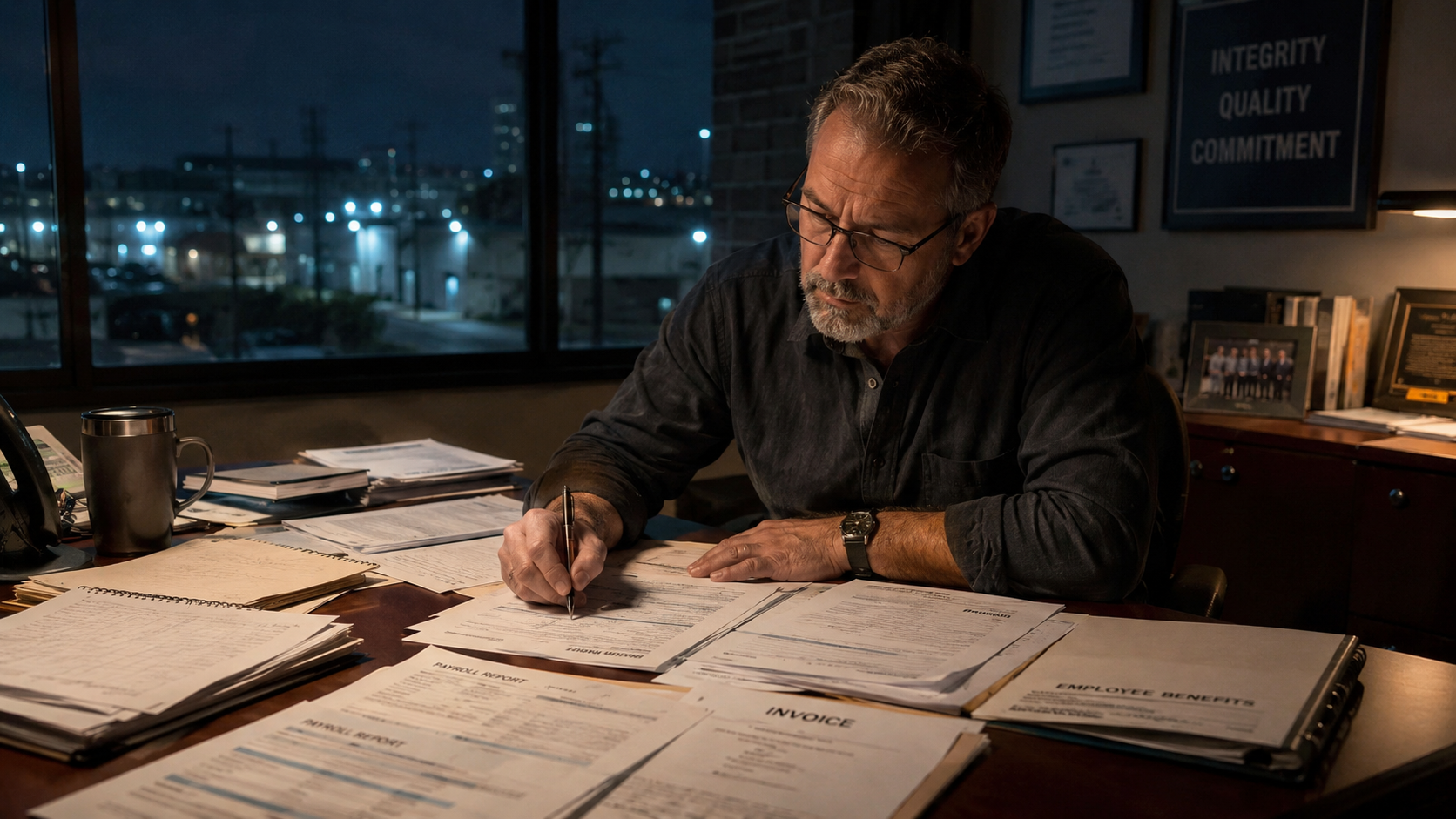 Veteran small business owner working alone after hours in a dimly lit office, reviewing invoices, payroll reports, and employee benefits documents at a cluttered desk with an industrial cityscape visible through the window.