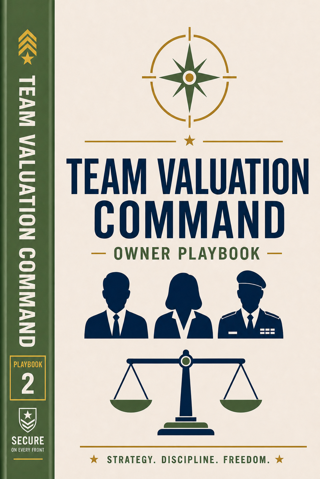 Illustrated Team Valuation Command playbook manual for veteran business owners, featuring team icons and valuation chart symbol for succession and equity planning on Secure On Every Front.