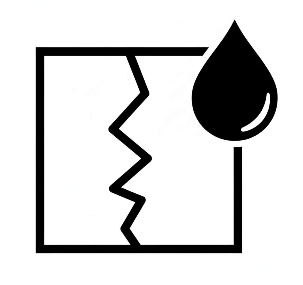 An icon of a cracked wall with a drop of water falling from above, indicating leaky basement.