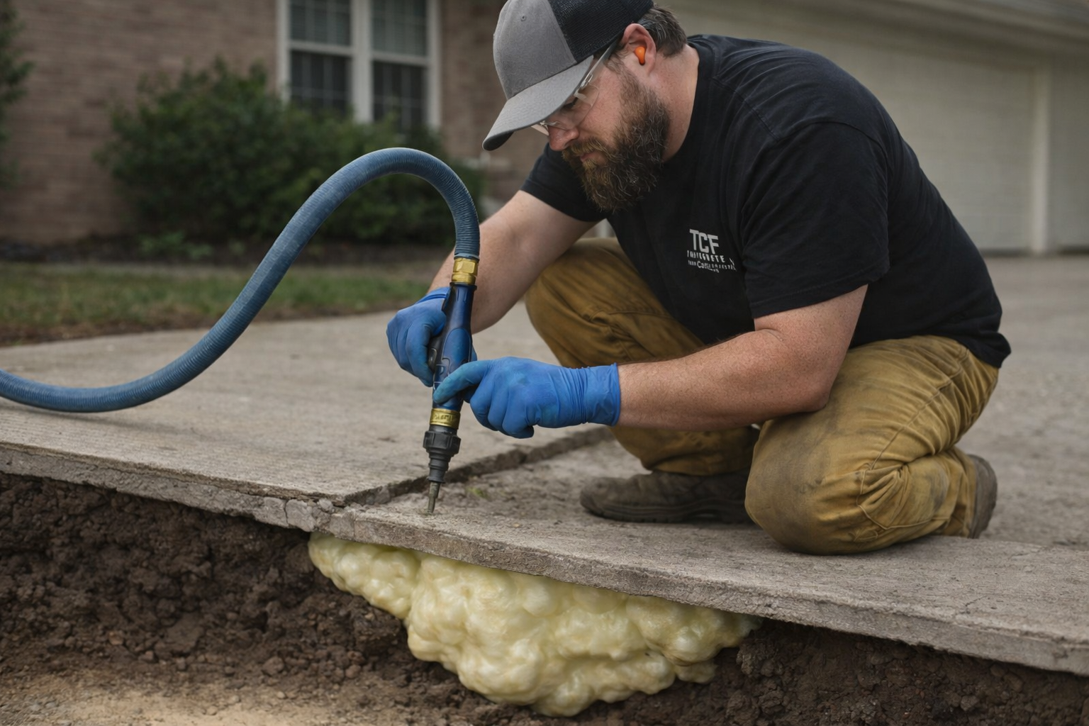 Man kneeling on concrete driveway, using a hot knife to cut through the surface, with yellow foam insulation underneath.