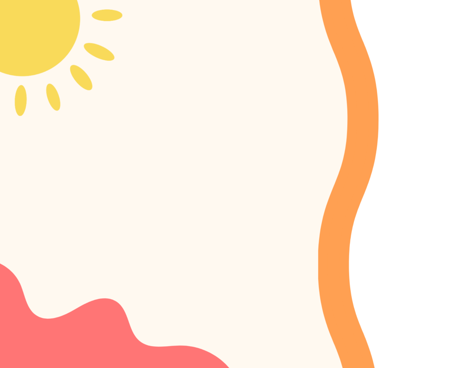 Illustration featuring a yellow sun with rays in the top left corner, a cream-colored central background, pink and red wavy shapes at the bottom, and orange and red textured shapes on the right side, graphic for RC Speech & Language Pathology.