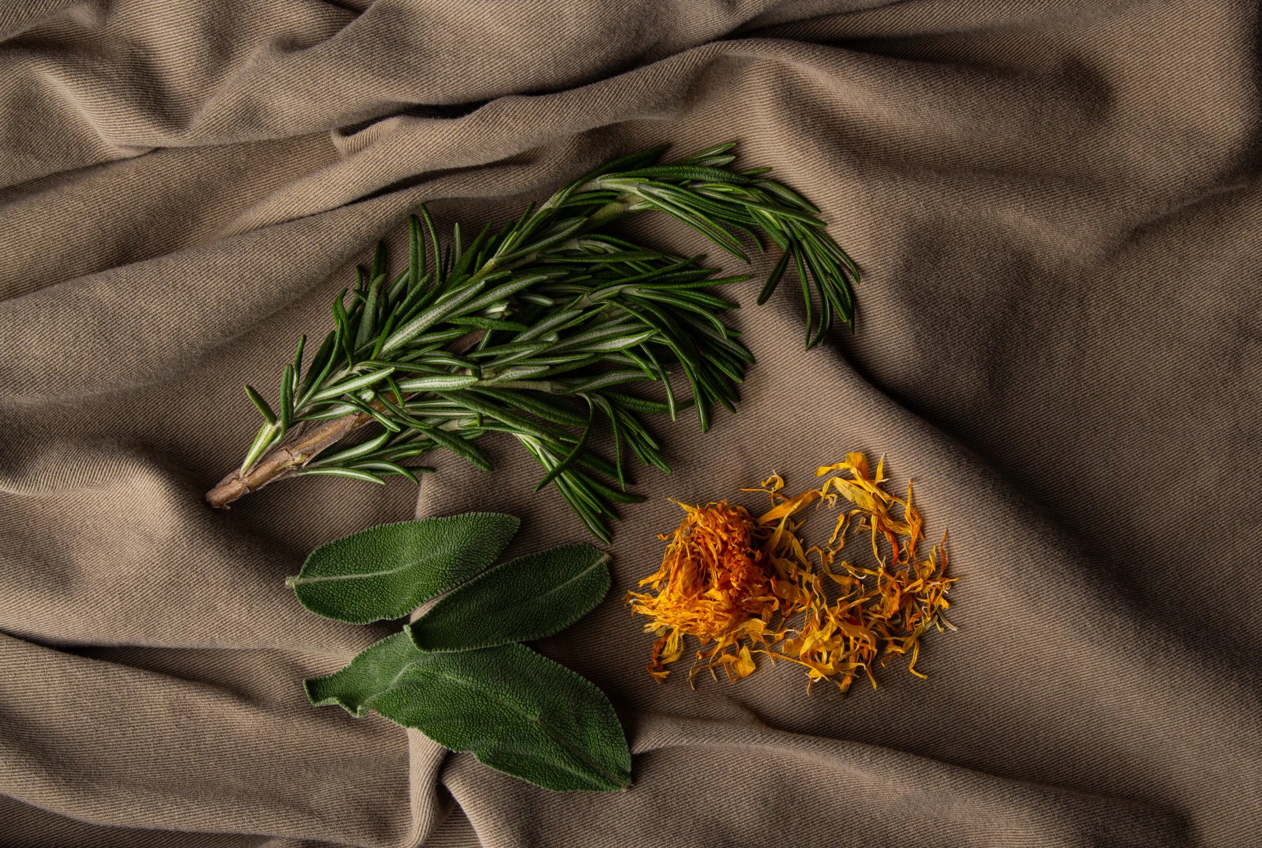Sprigs of rosemary, sage, and marigold petals laid on a beige fabric background.