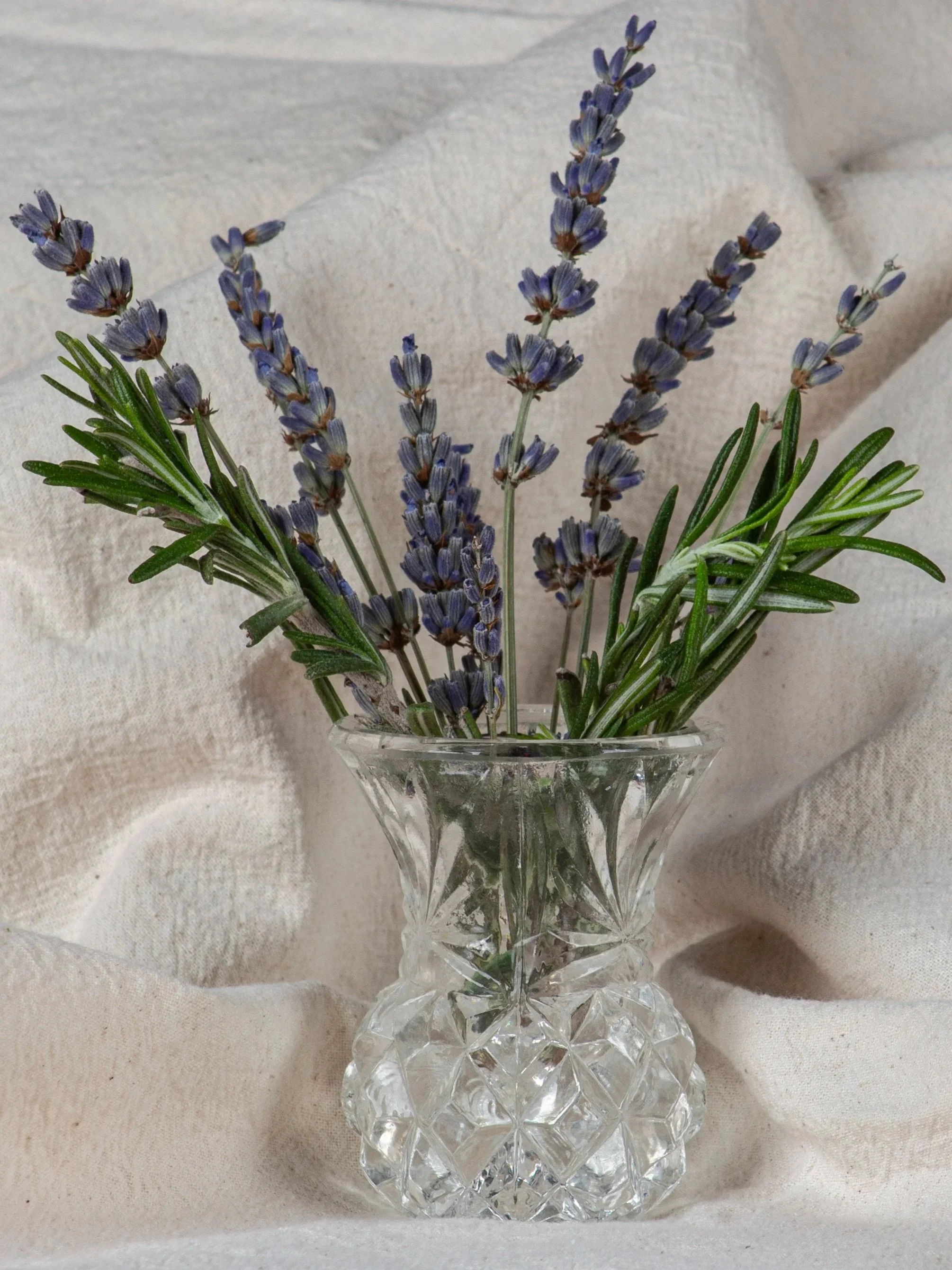 A small bouquet of lavender flowers and green rosemary sprigs in a faceted glass vase, set against cream-colored fabric background.