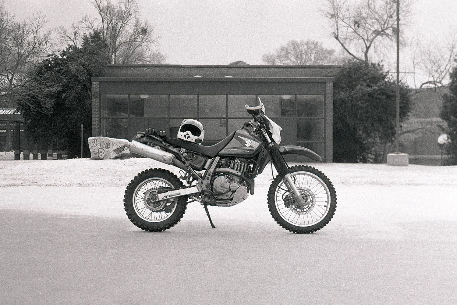 Black and White Film Photograph of Suzuki DR650 Dirt bike