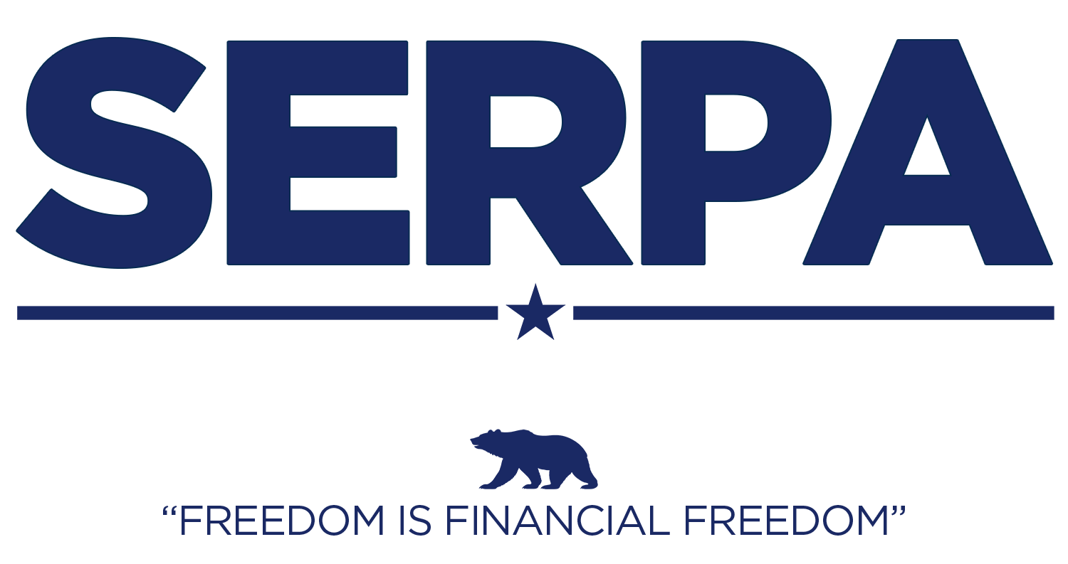 The SERPA logo in navy blue with a star and line underneath, a silhouette of a bear below, and the phrase 'FREEDOM IS FINANCIAL FREEDOM' at the bottom.
