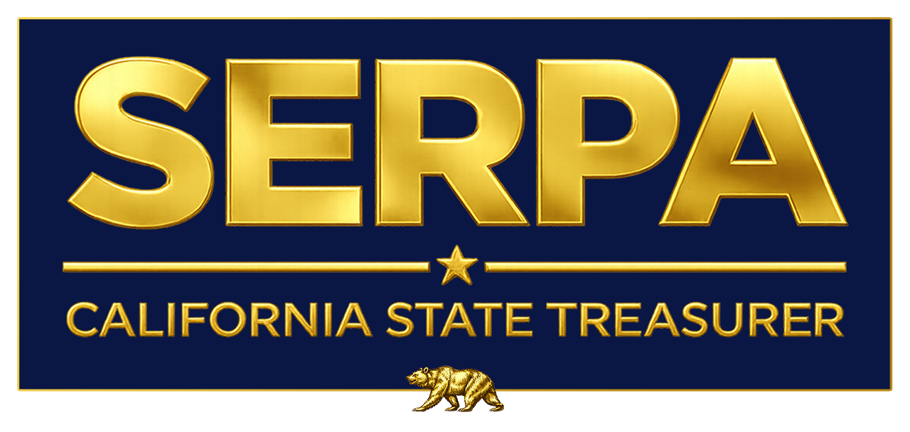 Design for a political campaign showing the name 'Serpa' in large gold letters, with the subtitle 'California State Treasurer' in smaller gold letters underneath, a star between two lines, and a gold bear at the bottom.
