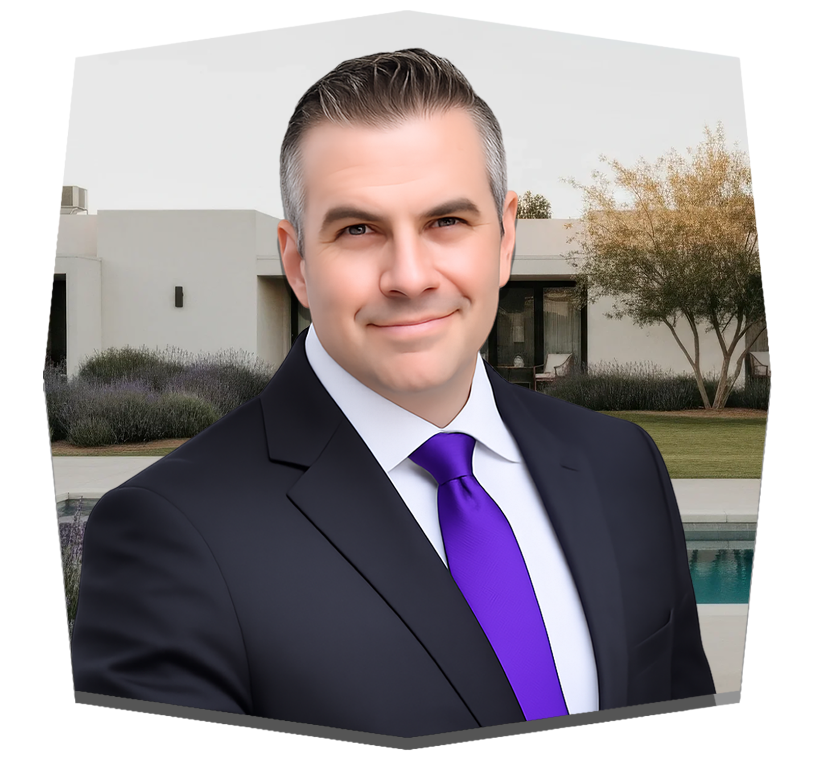 David Serpa dressed in a black suit, white shirt, and purple tie, smiling, with a modern house, trees, and a swimming pool in the background.