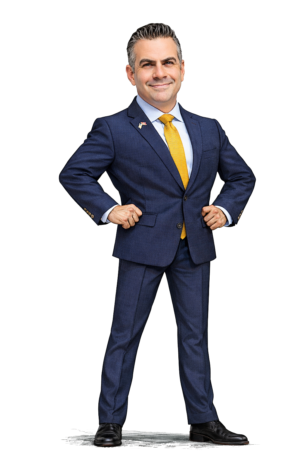 Man standing confidently with hands on hips, wearing a dark blue suit, white shirt, yellow tie, and black shoes, smiling and looking directly at the camera.