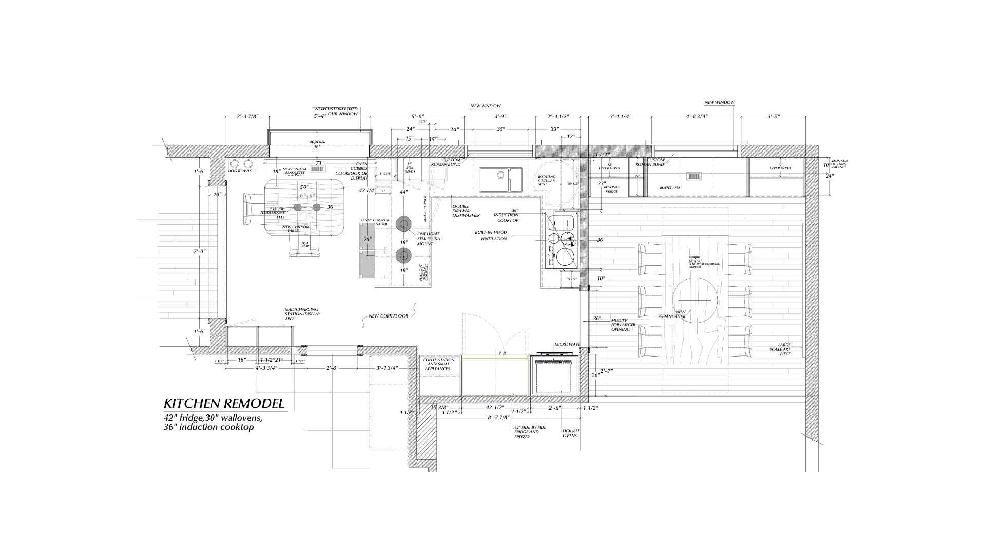 Architectural floor plan of a building, showing various rooms, fixtures, and structural details in white lines on a black background.