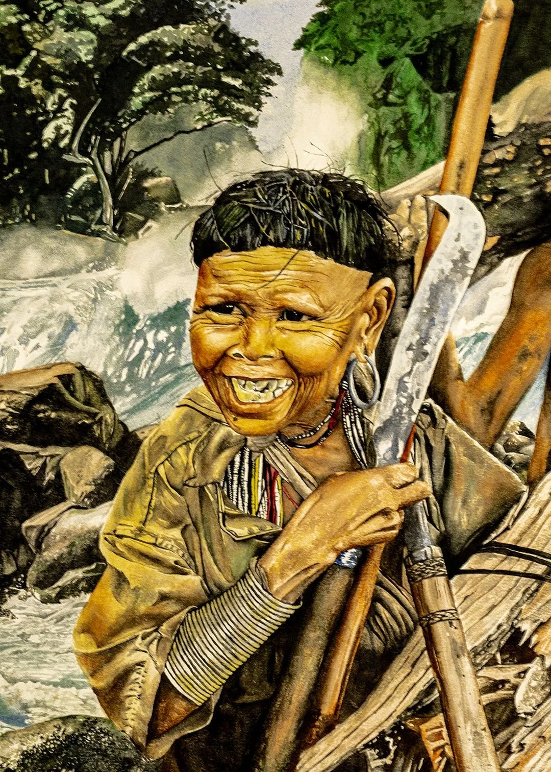 A watercolor painting done by Mario DeBlak Robinson shows a tribal Aztec elder carrying a load of wood across the base of a gushing water fall. He smiles showing beautifully aged teeth. His neck and wrist are adorned with lots of necklaces & bracelet