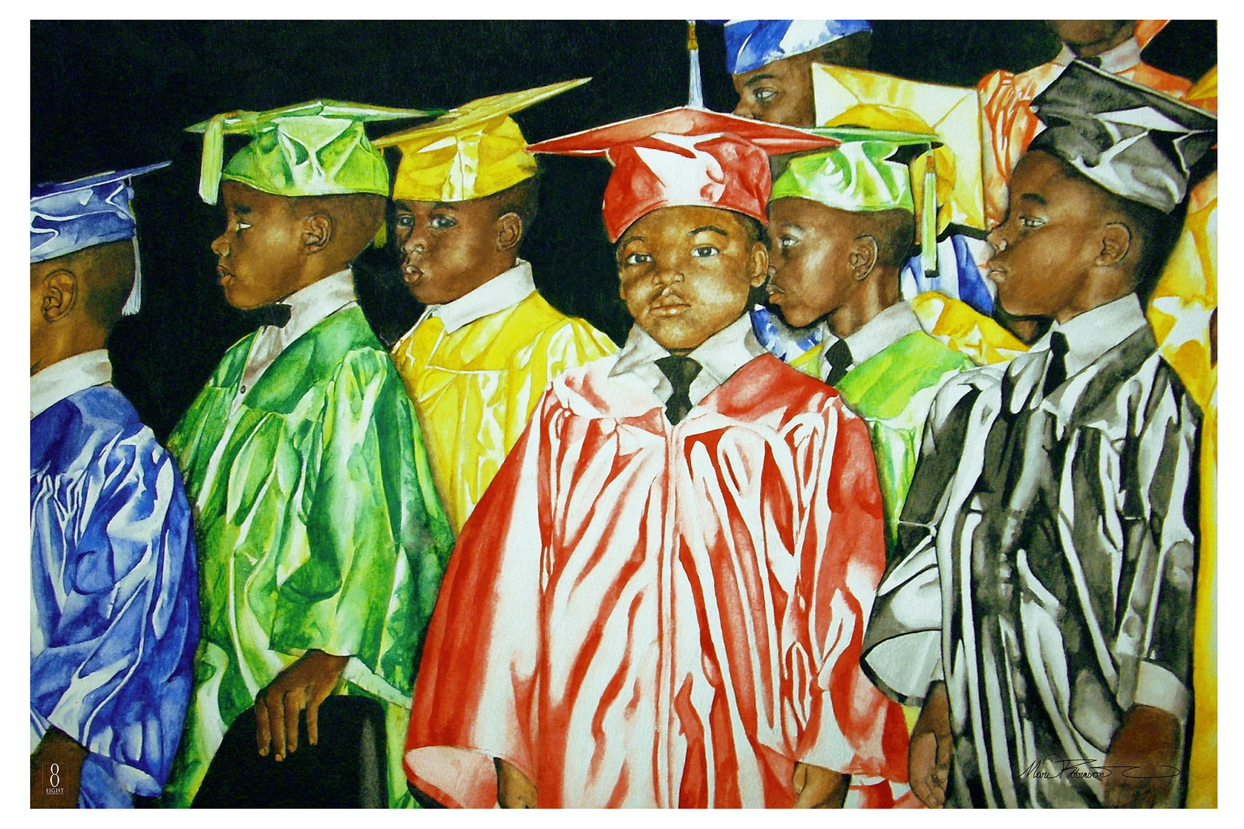 Children dressed in colorful graduation caps and gowns standing in a formation.