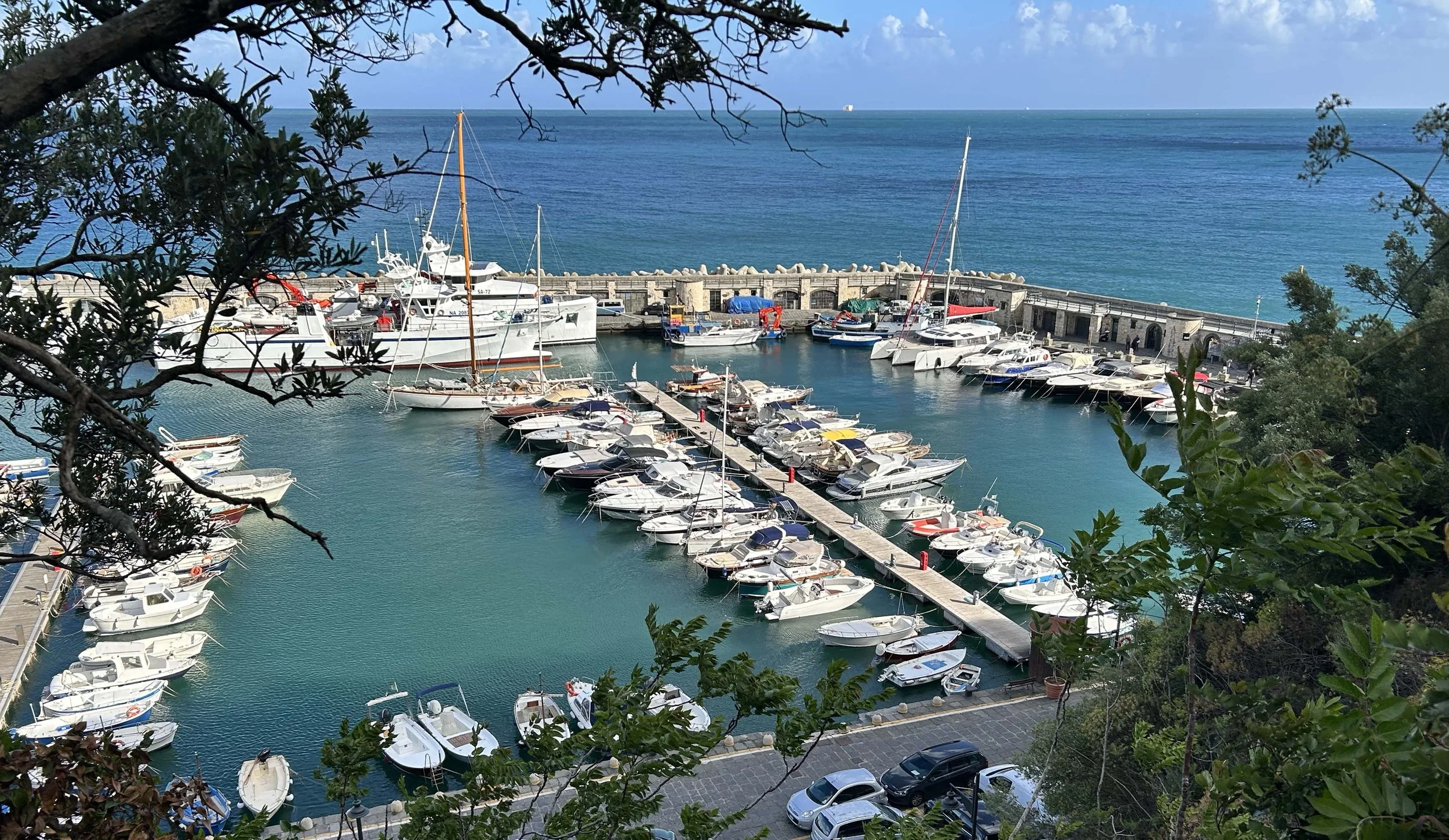 Skylark, a Neel 51 trimaran, in the port of Cetara, Italy