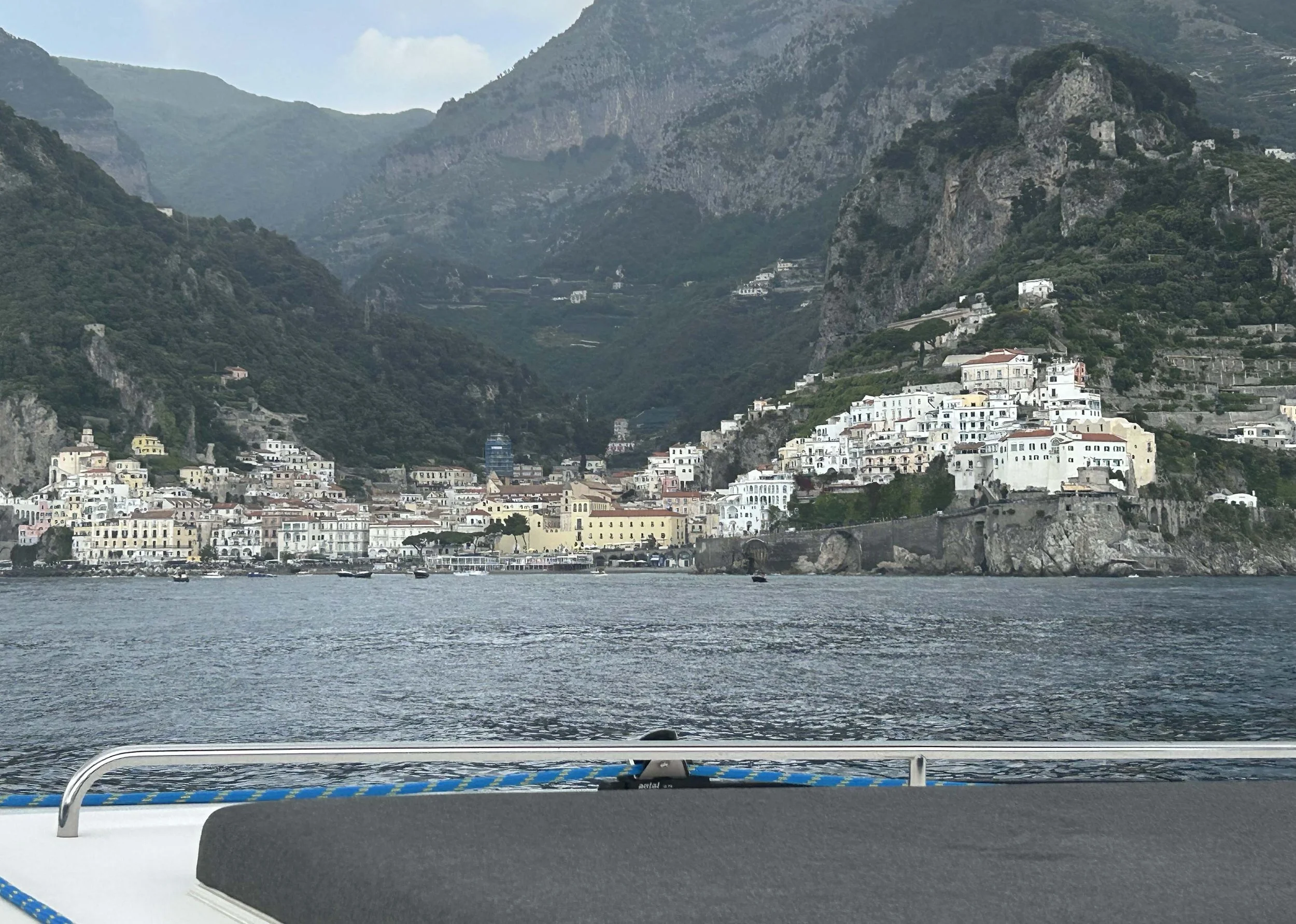 Skylark, a Neel 51 trimaran, anchored off Amalfi, Italy