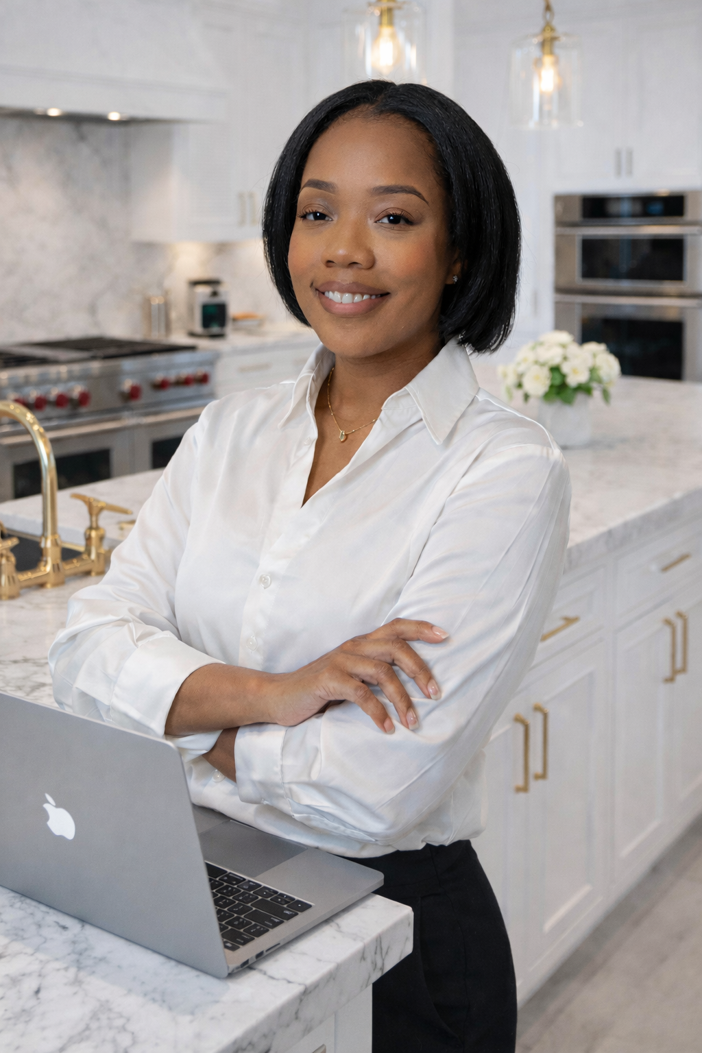 A confident woman with a smile, wearing a white blouse, standing in a modern kitchen with white cabinets, a marble countertop, a laptop, and a vase with white flowers.