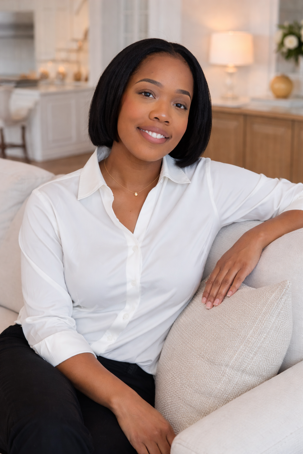 A woman with shoulder-length black hair, wearing a white button-up shirt and black pants, sitting on a beige sofa in a well-lit, stylish living room with modern decor.