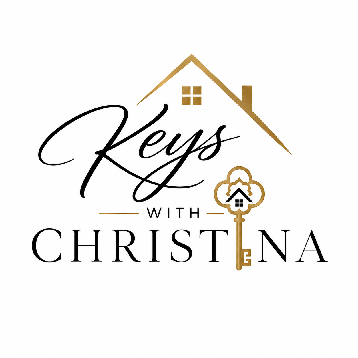 Logo for 'Keys with Christena' featuring a gold house roof, a gold key with a house-shaped bow, and stylized black and gold text.