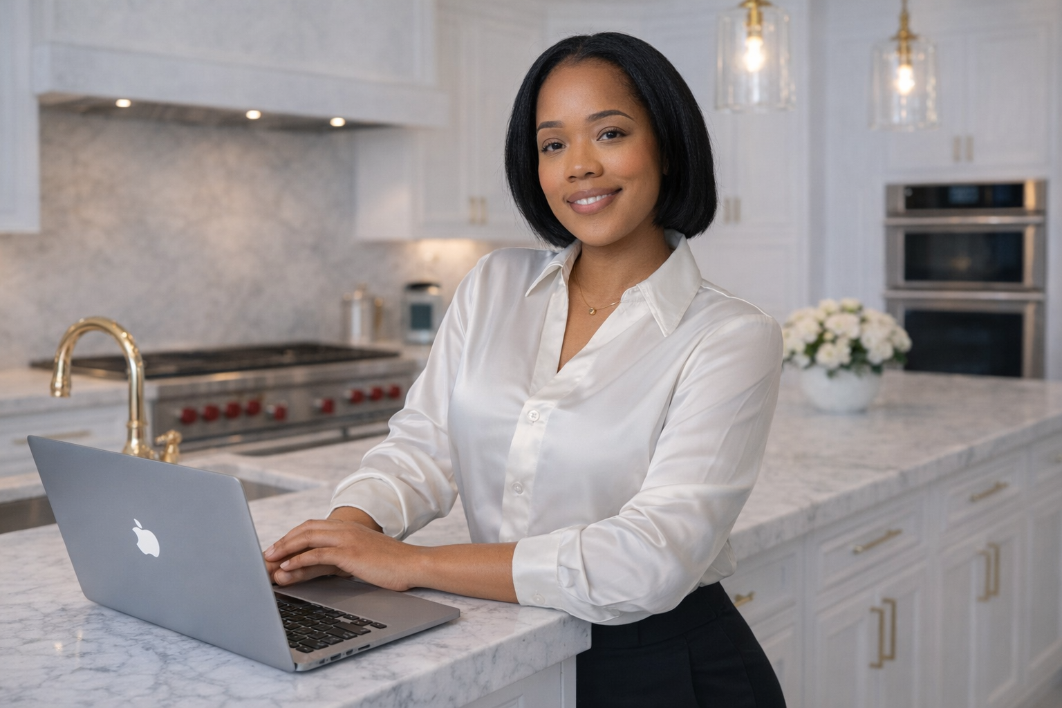 A woman with black hair, wearing a white blouse, smiling, working on a silver MacBook in a luxurious white kitchen with gold accents and a flower arrangement.