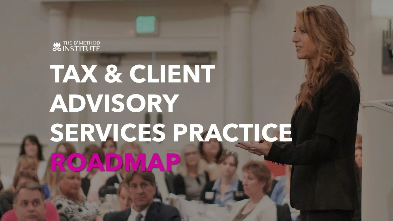 Tax Incline Advisory Service Practice Roadmap Course Graphic Background has Amy speaking to an audience of people.