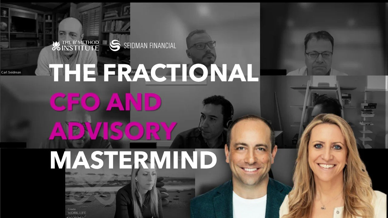 Graphic with the title "The Fractional CFO and Advisory Mastermind." The background has a screenshot of a Zoom masterclass and the headshots of both Amy Vetter and Carl Seidman.