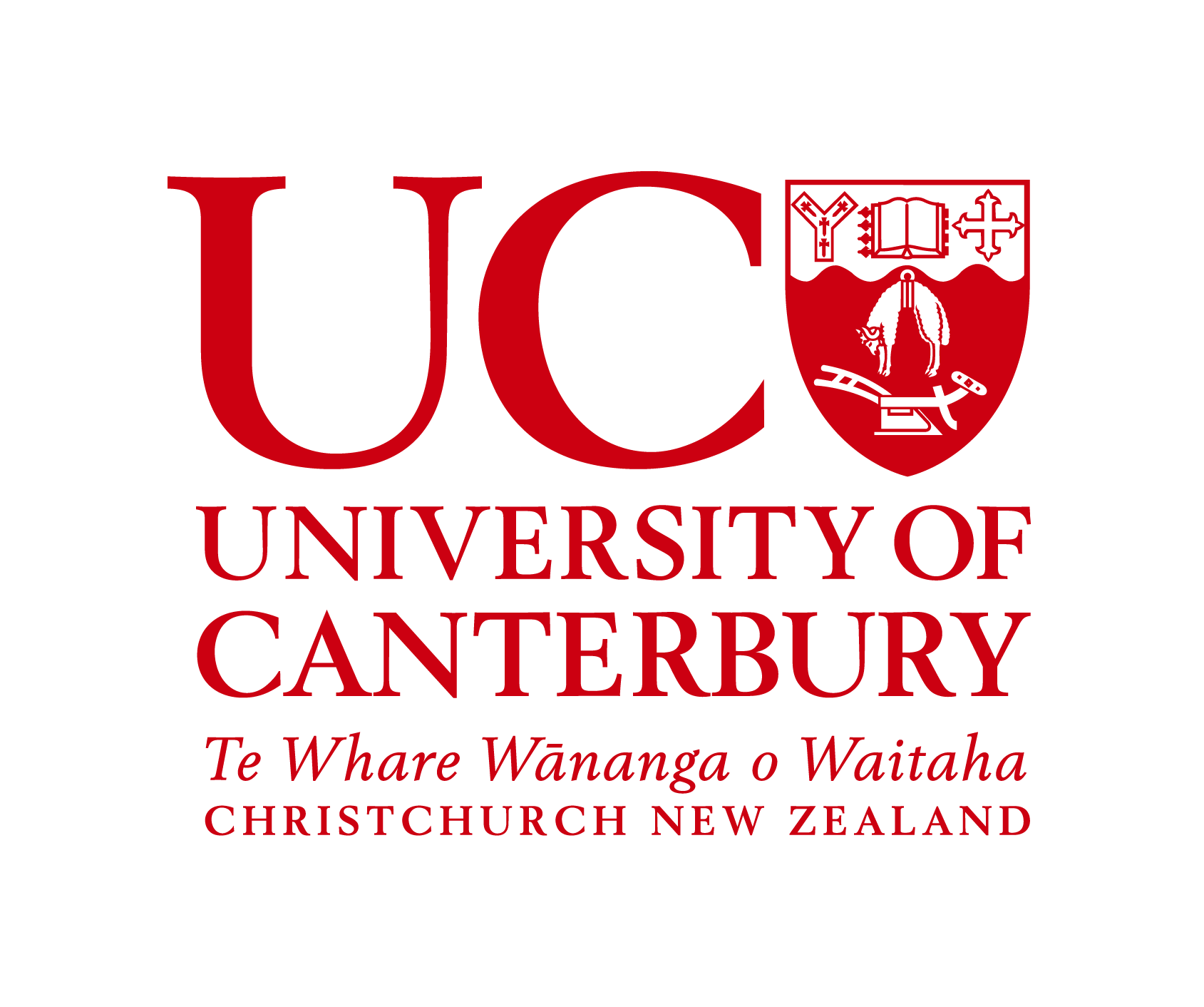 Logo of the University of Canterbury with red text that reads 'UC, University of Canterbury, Te Whare Wānanga o Waitaha, Christchurch New Zealand' on a black background.