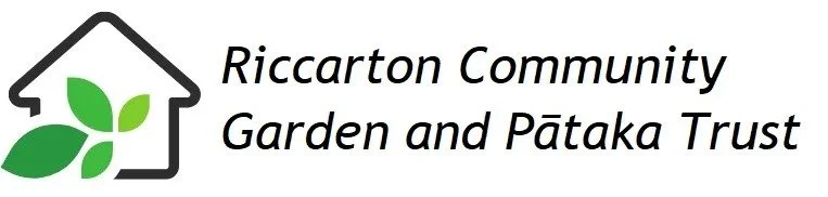 Logo of Riccarton Community Garden and Pātaka Trust featuring a house outline with green leaves inside.