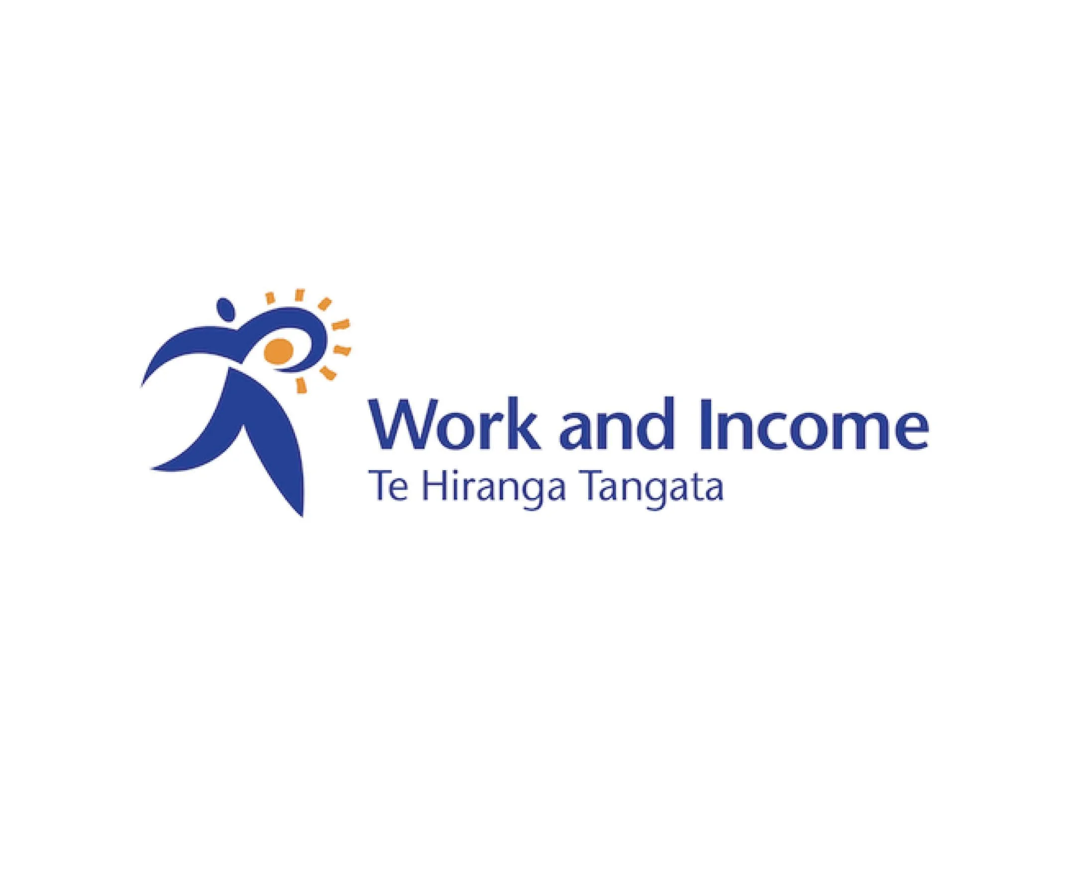 Logo of Work and Income, with a stylized blue figure, an orange dot and sun rays, and the text "Work and Income" with the subtitle "Te Hiranga Tangata" on a white background.