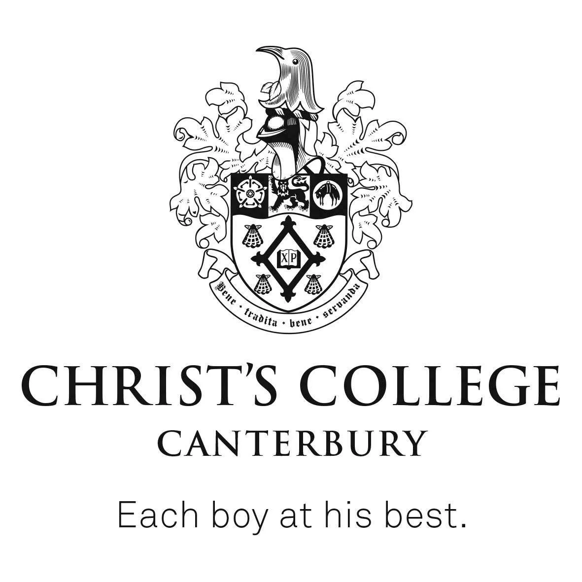 The image shows the crest of Christ's College, Canterbury, with a motto reading "Each boy at his best."
