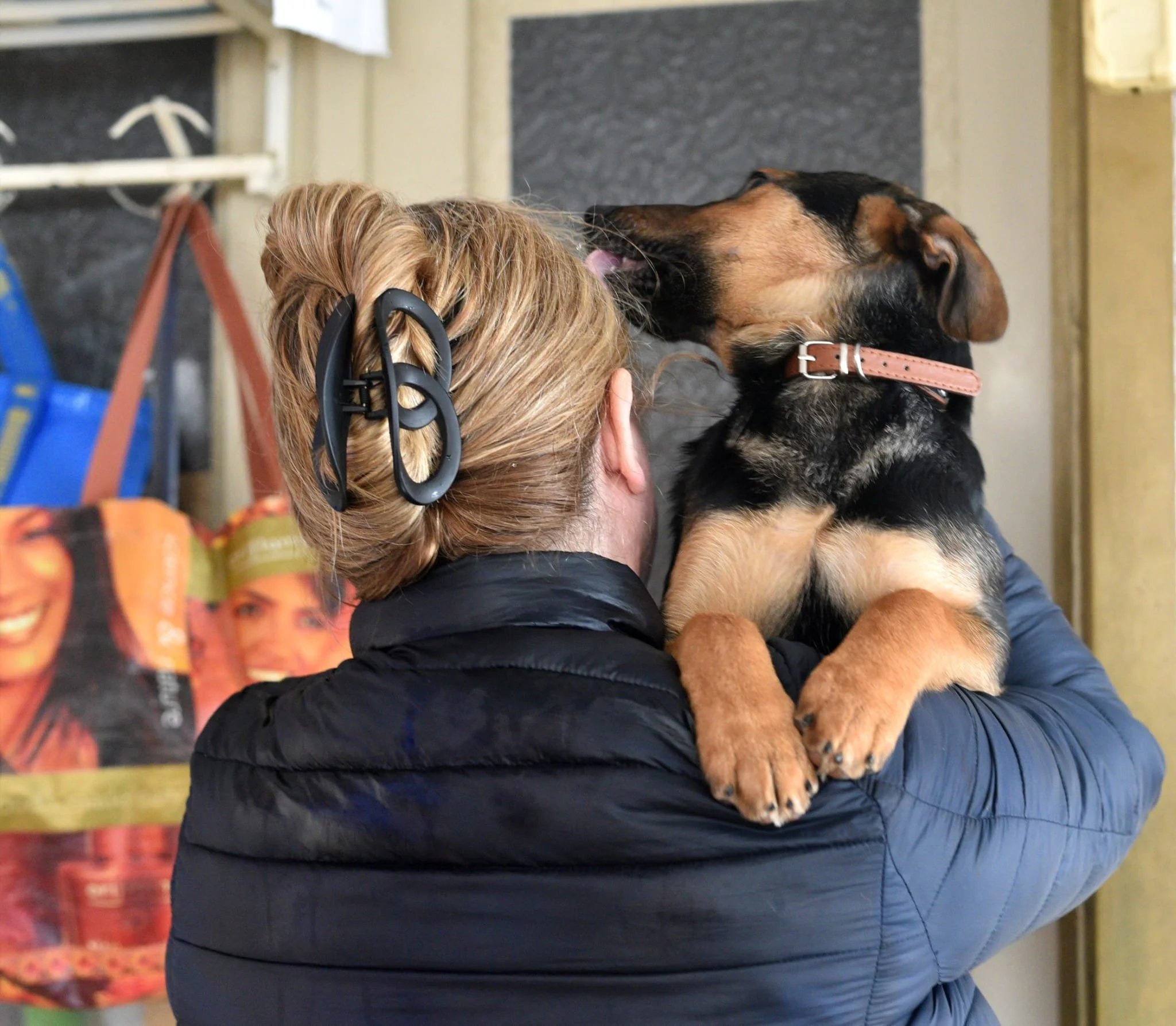 A person holding a dog near their face, with the dog licking the person's cheek. The person has blonde hair held in a bun with a black hair clip and is wearing a black jacket. The dog is a large breed with a tan and black coat and is wearing a pink c