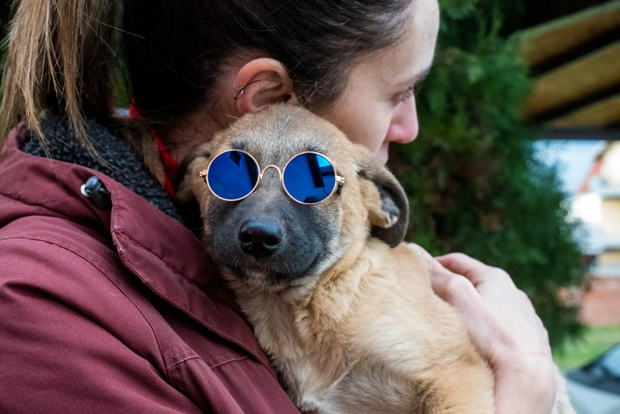 A woman hugging a puppy with blue sunglasses, outdoors with greenery in the background.
