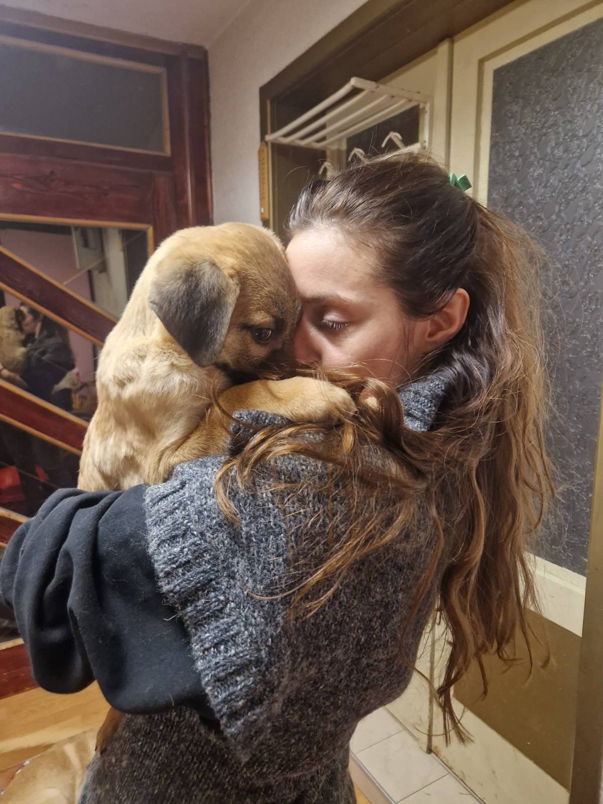A woman with long wavy hair hugging a small brown puppy.