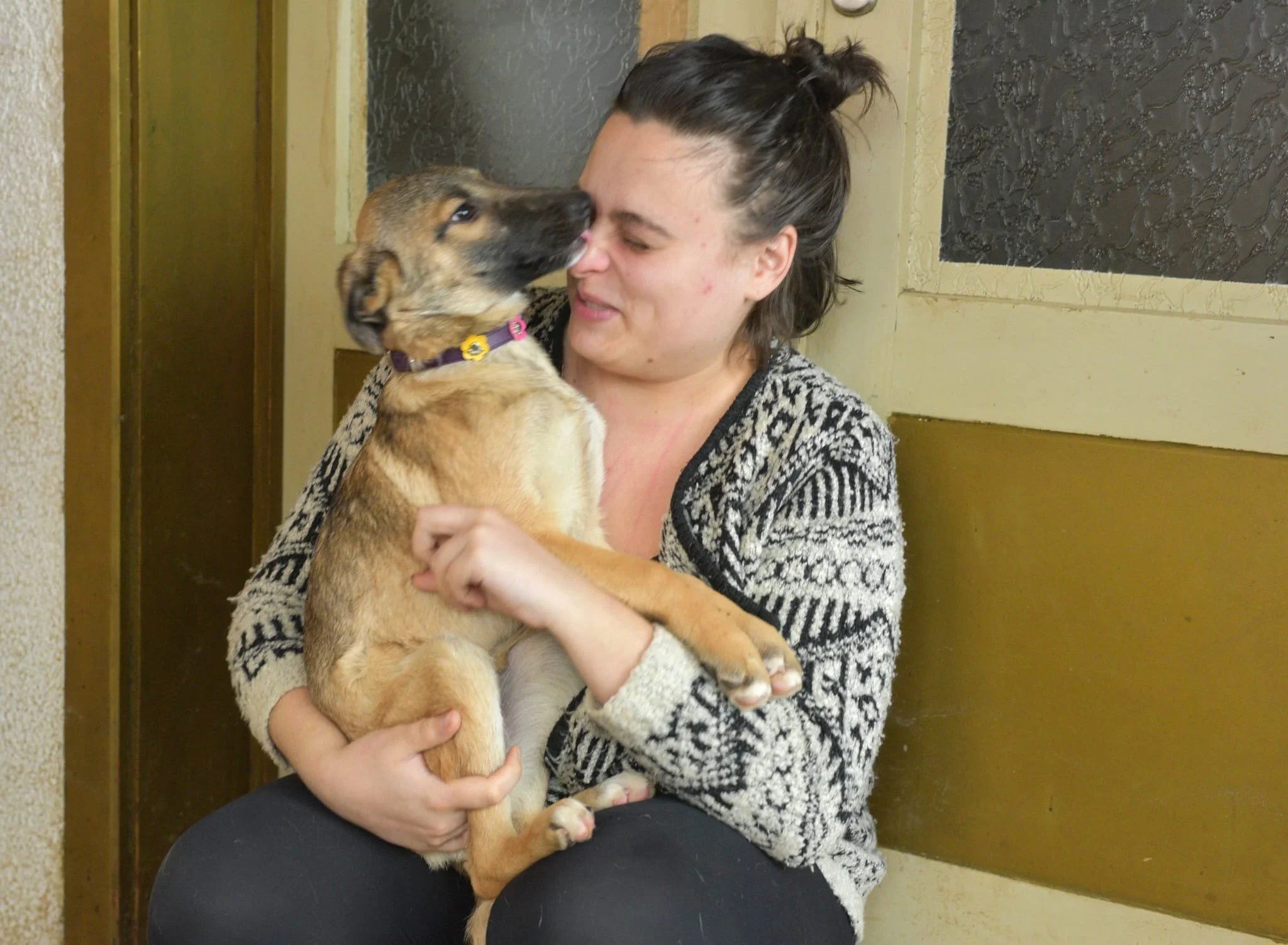 A woman with dark brown hair tied in a bun, wearing a patterned black and white sweater, is sitting and holding a cute puppy with brown fur and black markings. The puppy is licking her face affectionately, and she has a happy expression with closed e