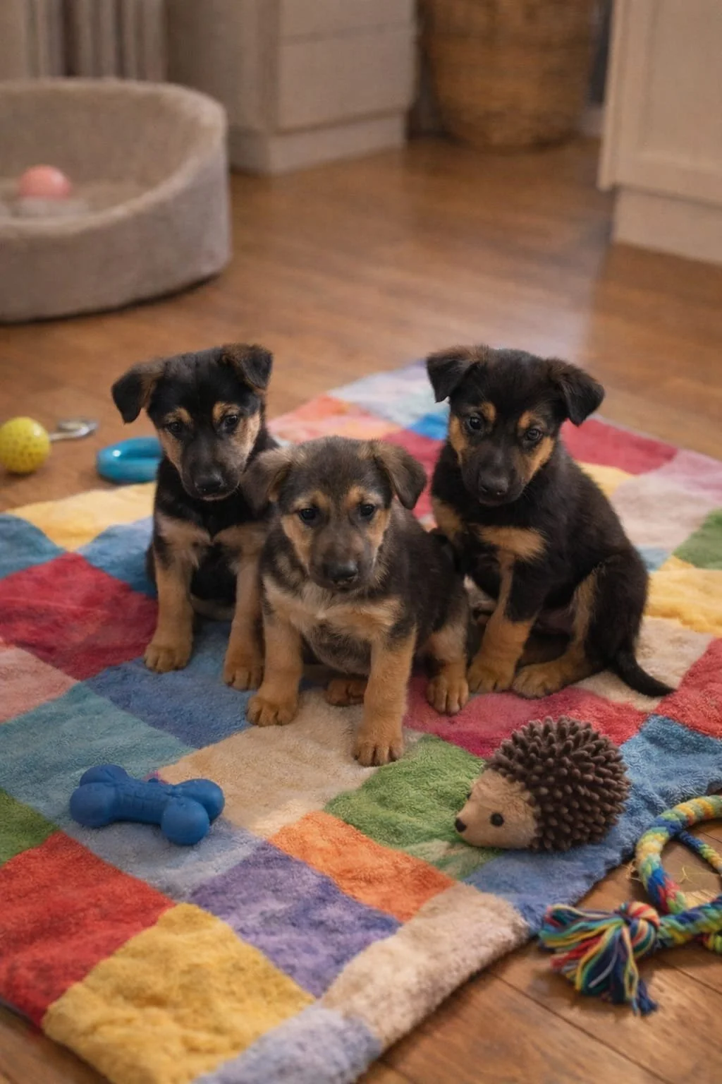 Three small black and tan puppies sitting on a colorful patchwork rug in a room with wooden floors. Toys, including a blue bone, a yellow ball, a plush hedgehog, and a colorful rope toy, are scattered around them.