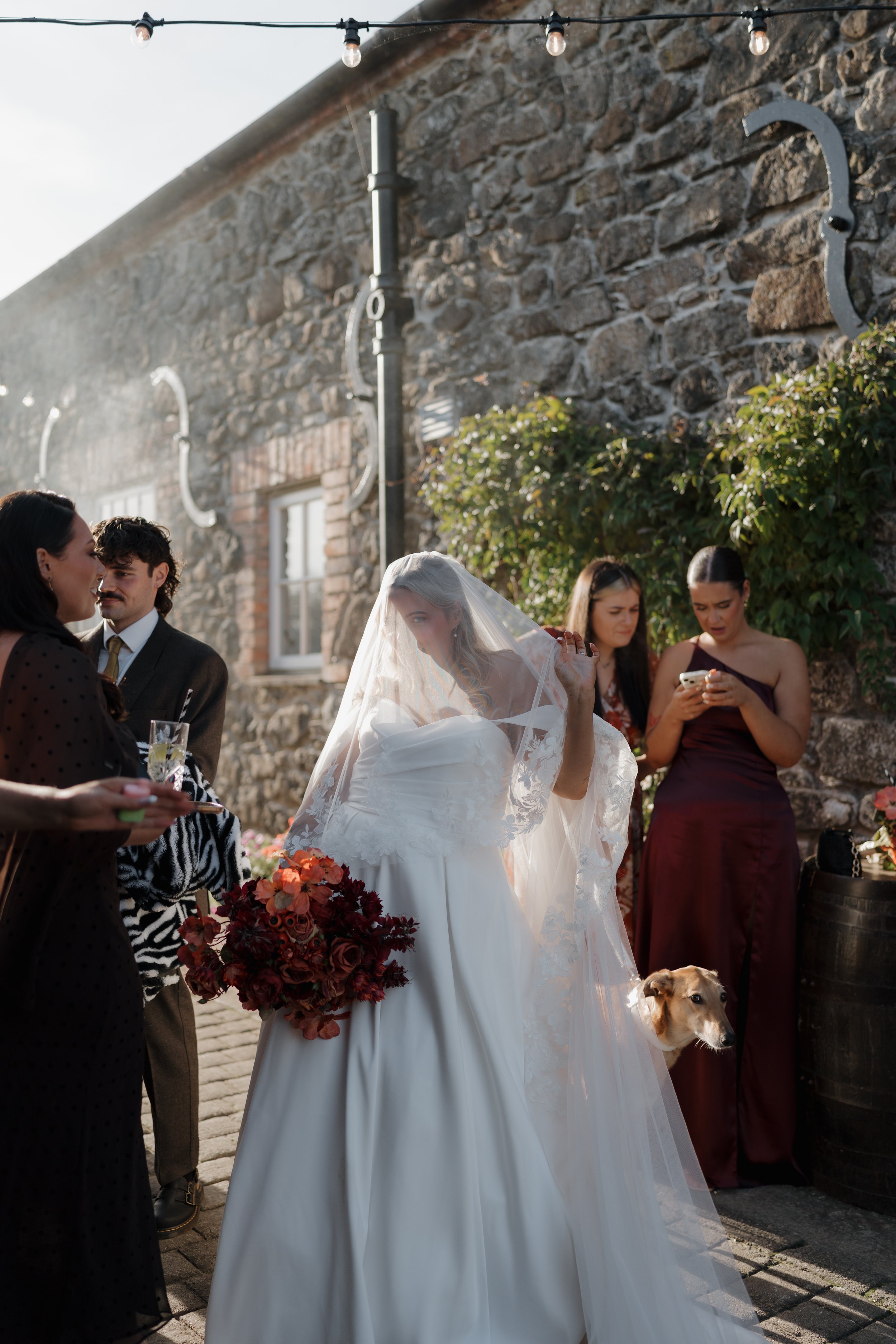 A bride in a white wedding dress and veil holding a bouquet of red and orange flowers, standing outdoors with several women and a dog nearby, at a rustic venue with stone walls and string lights.
