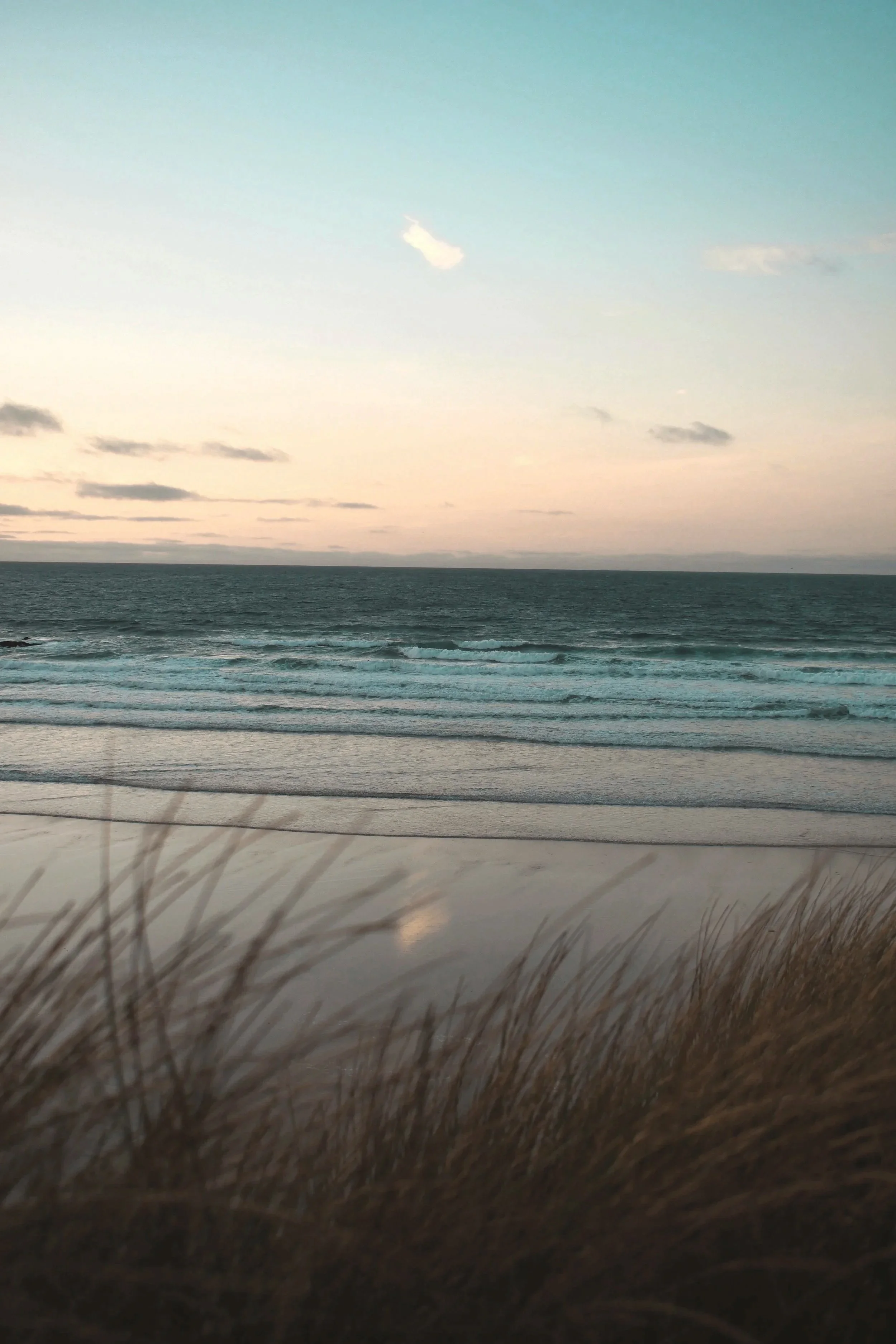 A peaceful beach scene at sunset with gentle waves, tall grass in the foreground, and a partly cloudy sky.