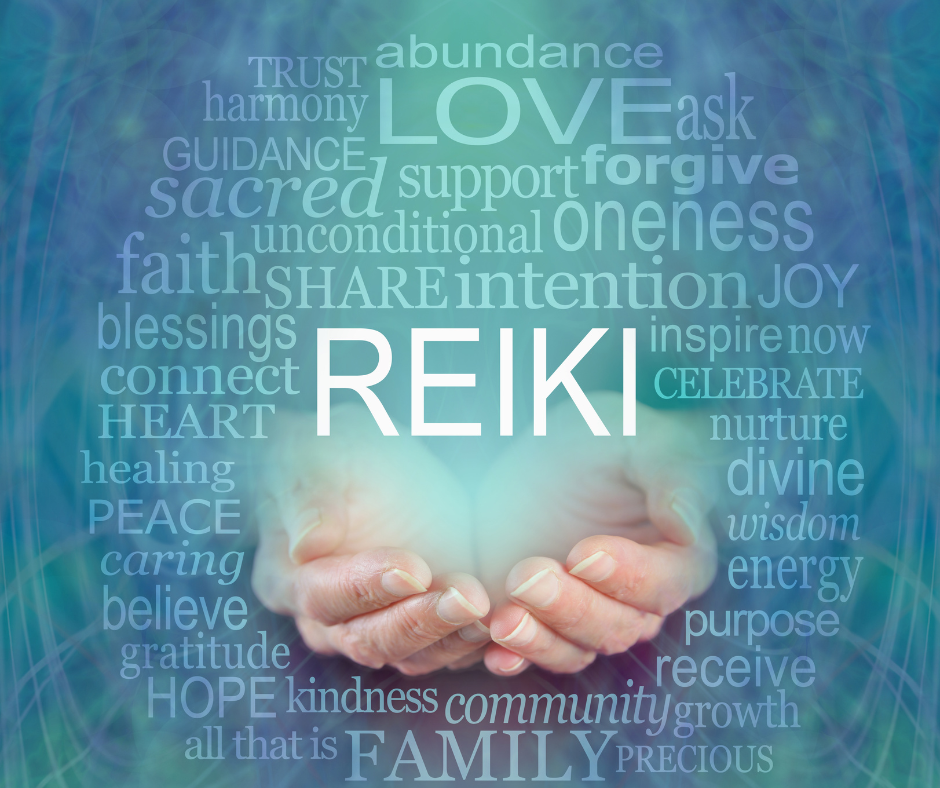 Image with the word 'REIKI' in the center, surrounded by related words like love, harmony, sacred, faith, blessings, connect, heart, healing, peace, caring, believe, gratitude, hope, kindness, community, family, celebrate, divine, wisdom, energy, purpose, receive, growth, and cherish. Background features hands cupping an ethereal glow.