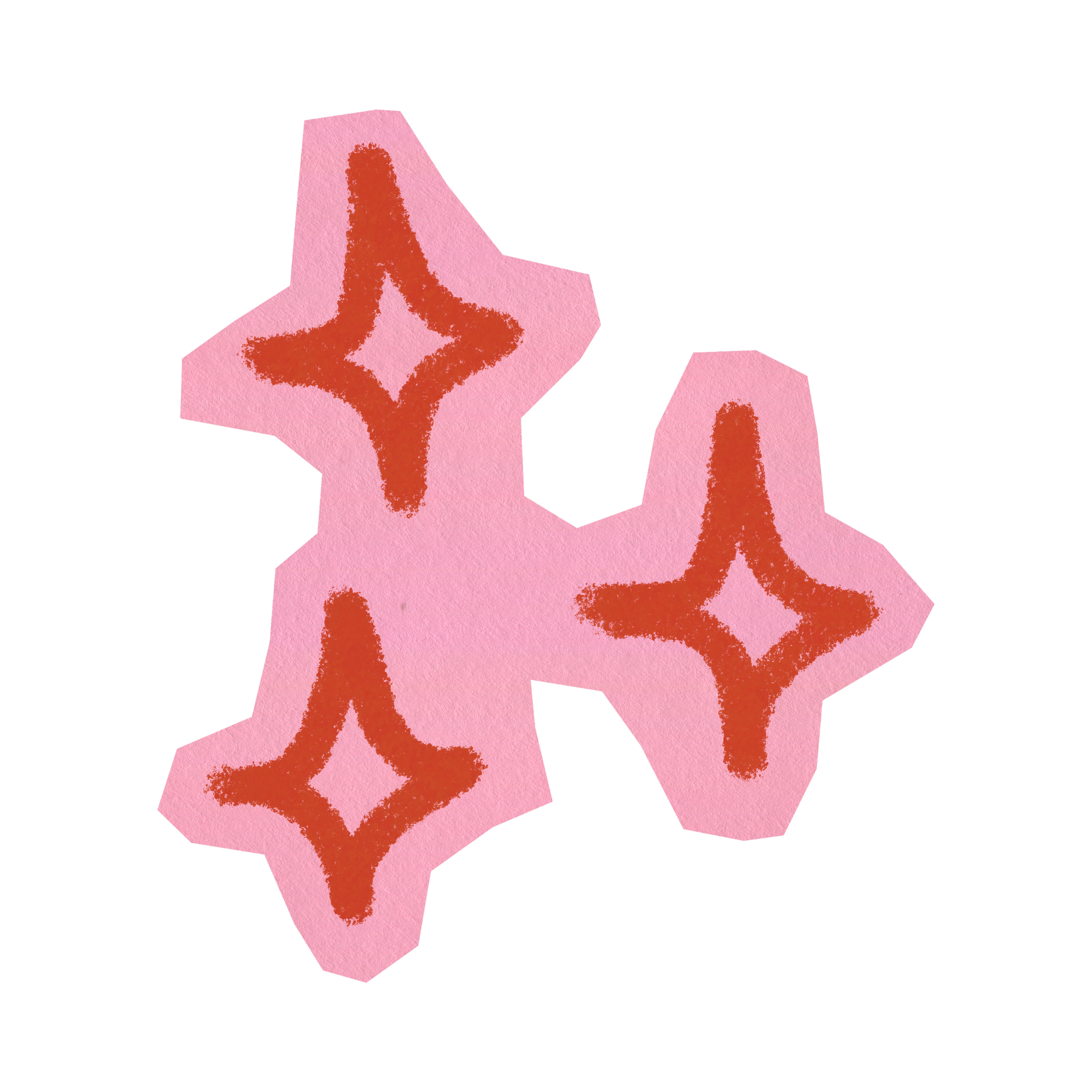 Illustration of four pink star-shaped objects with orange sparkle patterns on a black background.