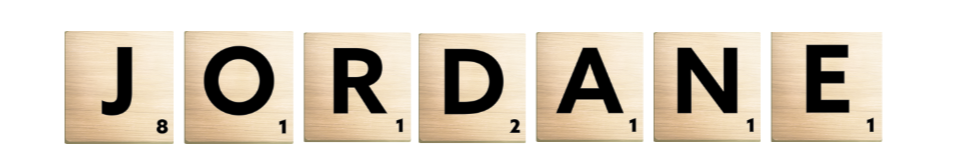 Scrabble tiles spelling 'JORDANE' with letter values below each tile.