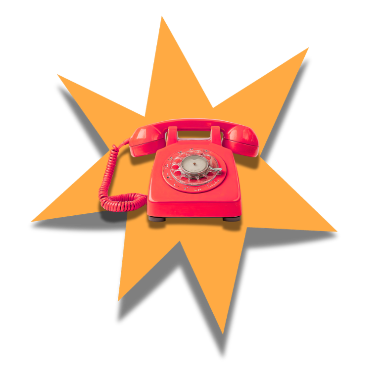 A red vintage rotary telephone placed on an orange starburst background.