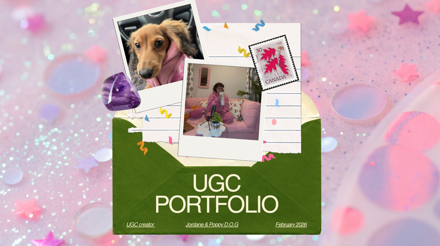 A digital collage featuring a green folder labeled "UGC Portfolio" with photos of a dog and a girl, a Canada stamp, purple gemstone, colorful confetti, and a pink, sparkly background.