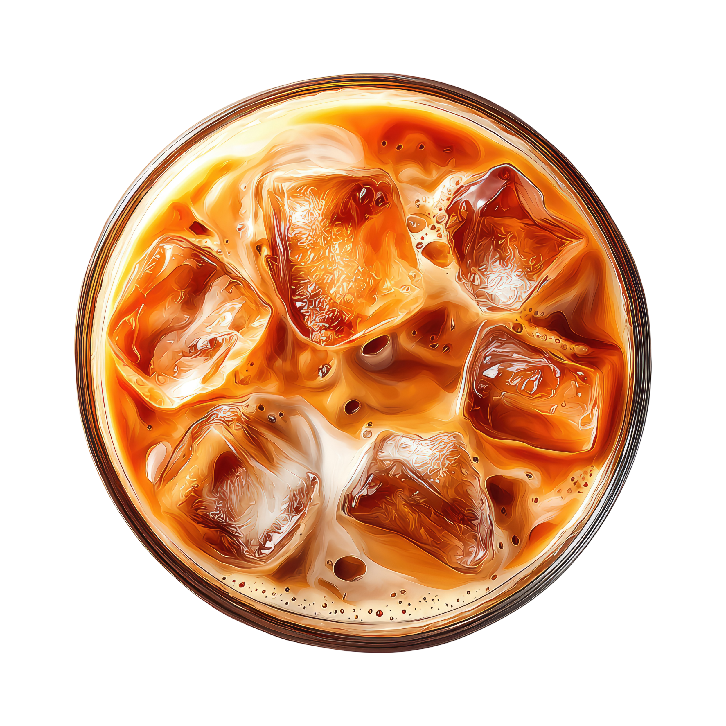 A close-up top view of a glass filled with iced coffee and ice cubes.