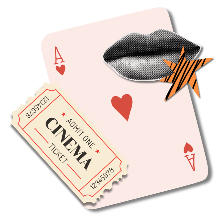 A pink playing card with a pair of red hearts, an ace and a four, and black and white lips, an orange star with black tiger stripes, and a cinema ticket.