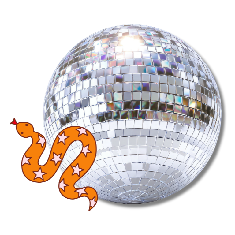 A mirror disco ball with a reflective surface and a cartoon orange snake with pink stars on it in front of it.