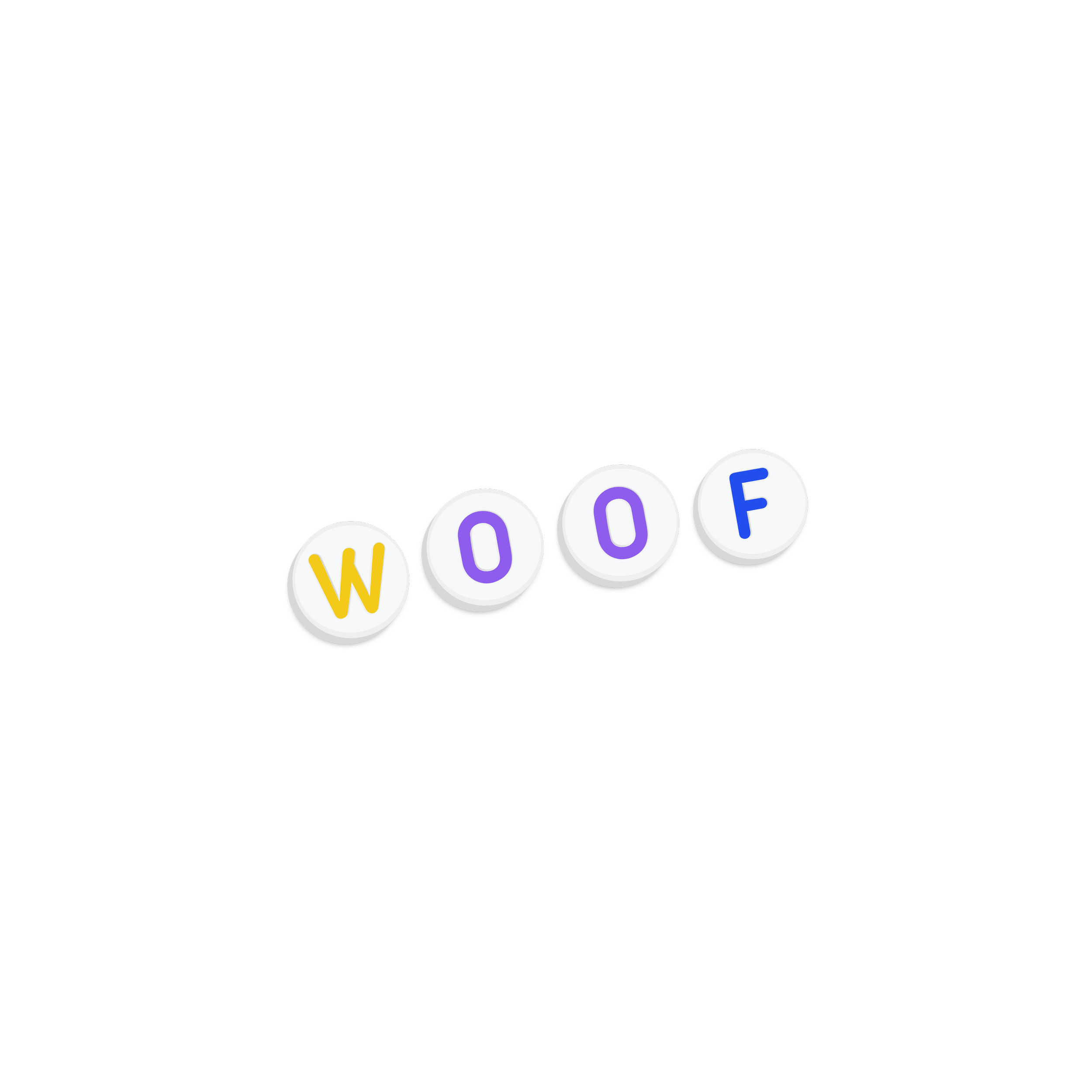 Four white pills with colorful letters spell out 'WOOF', with a black background.
