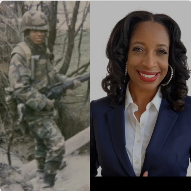 A side-by-side comparison of a woman in military camouflage holding a rifle outdoors and the same woman dressed professionally in a navy blazer and white shirt, smiling in a studio setting.