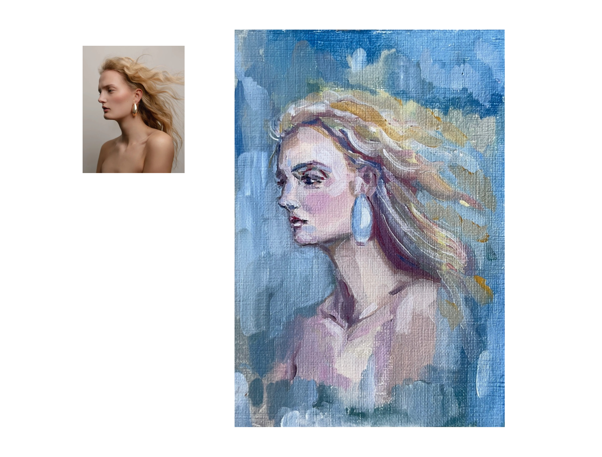 A realistic photograph of a woman with fair skin, long wavy blonde hair, wearing large gold earrings, and looking to the side against a plain background. Next to her, a framed impressionist-style painting of a woman with flowing hair is displayed.