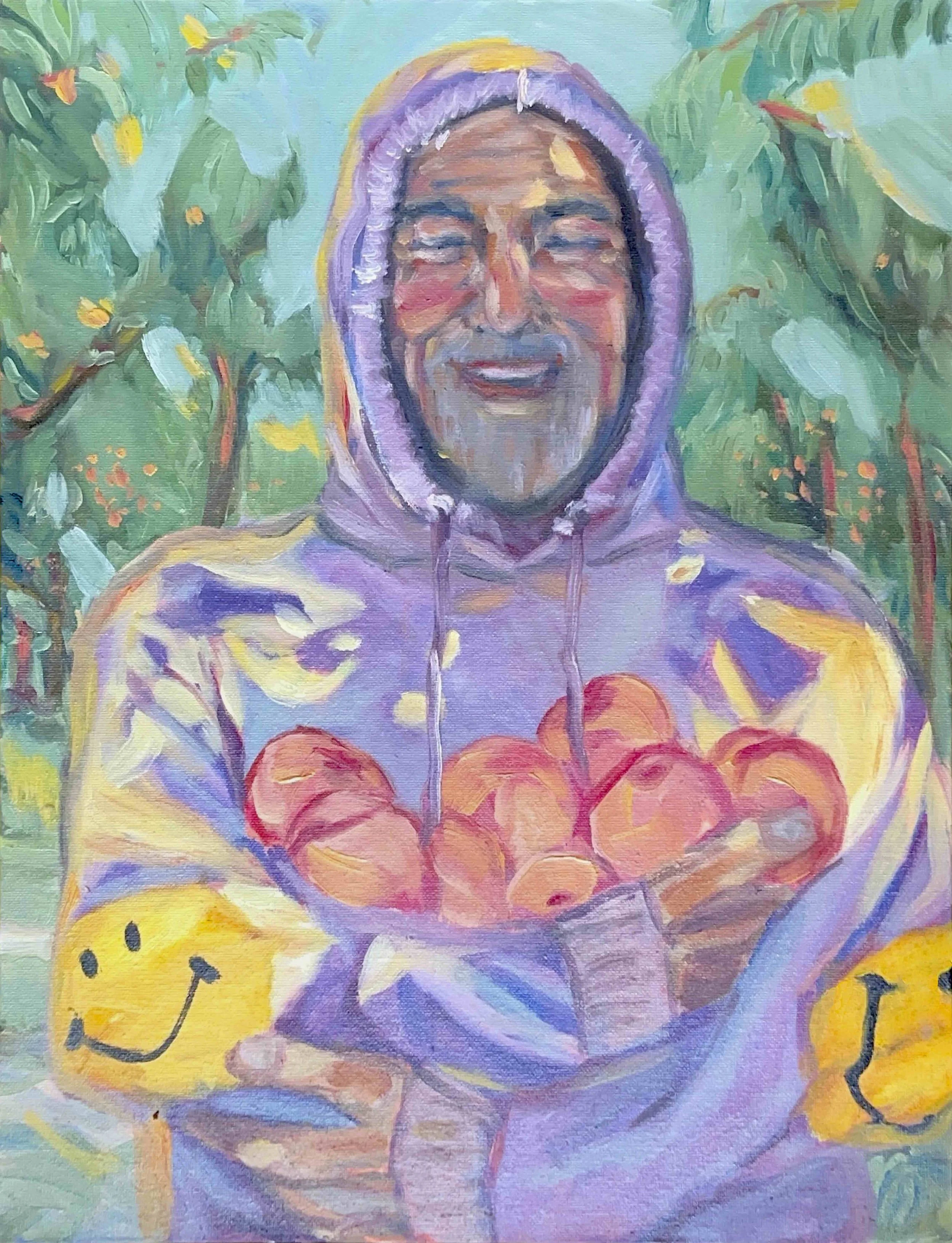 "THE MAN WITH THE PEACHES"
Oil on canvas, July 2025

42x29.7 cm